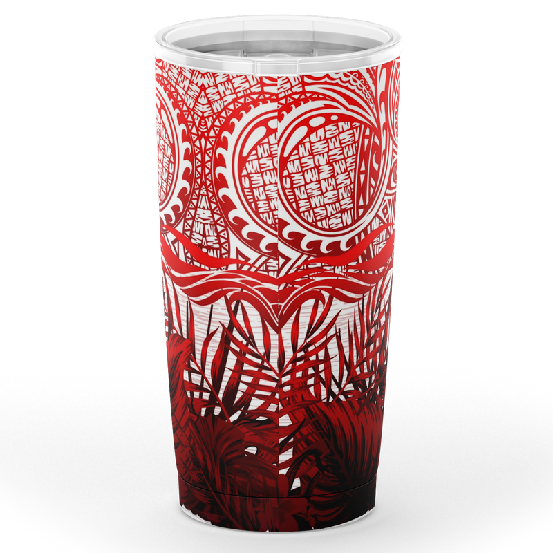 Kanaka Maoli (Hawaiian) Tumbler, Map Polynesian Palm Leaves Hibiscus Plumeria Flowers (Red) A18
