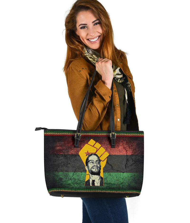 African Large Leather Tote Bag - MALCOLM X & Pan African-Flag - BN22