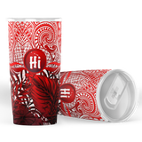 Kanaka Maoli (Hawaiian) Tumbler, Map Polynesian Palm Leaves Hibiscus Plumeria Flowers (Red) A18