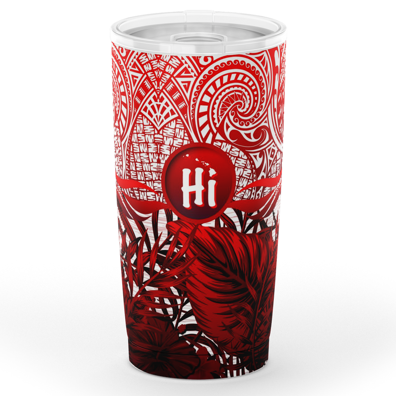 Kanaka Maoli (Hawaiian) Tumbler, Map Polynesian Palm Leaves Hibiscus Plumeria Flowers (Red) A18