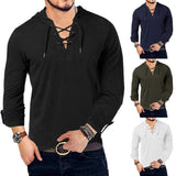 2020 Men's Hooded Tshirts New Fashion Long Sleeve Henley T-Shirt Medieval Lace Up V Neck Tee Tops Loose Solid Casual T Shirt