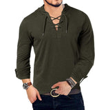 2020 Men's Hooded Tshirts New Fashion Long Sleeve Henley T-Shirt Medieval Lace Up V Neck Tee Tops Loose Solid Casual T Shirt