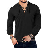 2020 Men's Hooded Tshirts New Fashion Long Sleeve Henley T-Shirt Medieval Lace Up V Neck Tee Tops Loose Solid Casual T Shirt
