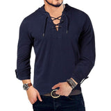 2020 Men's Hooded Tshirts New Fashion Long Sleeve Henley T-Shirt Medieval Lace Up V Neck Tee Tops Loose Solid Casual T Shirt