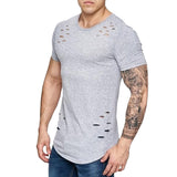 Fashion Men's T-shirt Summer Casual Broken Hole Short Sleeve T-shirt Top Blouse  Men Tees d90411