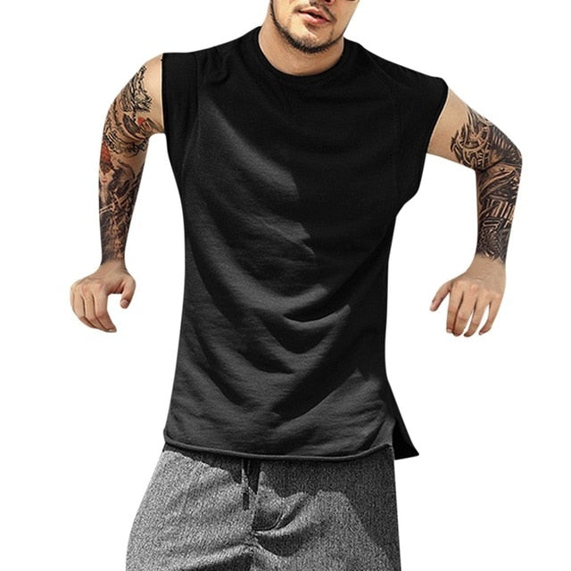 Summer T-shirt fashion explosion men's tops summer loose solid color sleeveless O-neck raw edge T-shirt top футболка мужская 40*